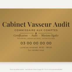 Plaque commissaire aux comptes personnalisée en plexiglas or vieilli 25 × 15 cm, exemple au nom de Cabinet Vasseur Audit