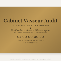 Plaque commissaire aux comptes personnalisée en plexiglas or vieilli 30 × 20 cm, exemple au nom de Cabinet Vasseur Audit