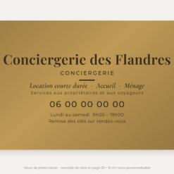 Plaque conciergerie personnalisée en plexiglas or vieilli 25 × 15 cm, exemple au nom de Conciergerie des Flandres