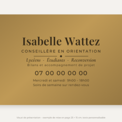 Plaque conseiller en orientation personnalisée en plexiglas or vieilli 25 × 15 cm, exemple au nom de Isabelle Wattez