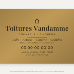 Plaque couvreur personnalisée en plexiglas or vieilli 25 × 15 cm, exemple au nom de Toitures Vandamme