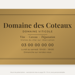 Plaque domaine viticole personnalisée en plexiglas or vieilli 25 × 15 cm, exemple au nom de Domaine des Coteaux