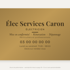 Plaque électricien personnalisée en plexiglas or vieilli 25 × 15 cm, exemple au nom de Élec Services Caron