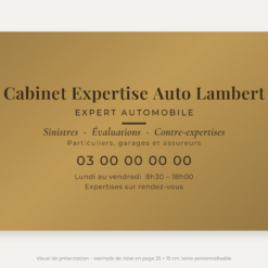 Plaque expert automobile personnalisée en plexiglas or vieilli 25 × 15 cm, exemple au nom de Cabinet Expertise Auto Lambert