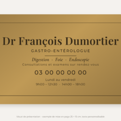 Plaque gastro-entérologue personnalisée en plexiglas or vieilli 25 × 15 cm, exemple au nom de Dr François Dumortier