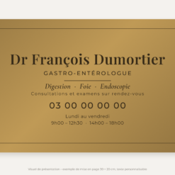 Plaque gastro-entérologue personnalisée en plexiglas or vieilli 30 × 20 cm, exemple au nom de Dr François Dumortier