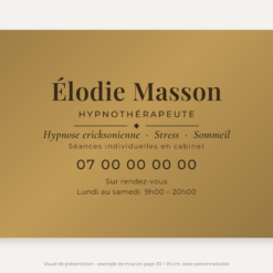 Plaque hypnothérapeute personnalisée en plexiglas or vieilli 30 × 20 cm, exemple au nom de Élodie Masson