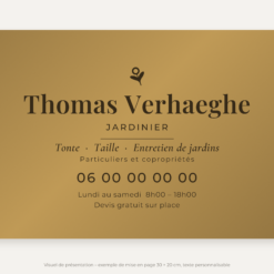 Plaque jardinier personnalisée en plexiglas or vieilli 30 × 20 cm, exemple au nom de Thomas Verhaeghe