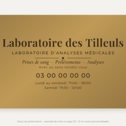 Plaque laboratoire d'analyses médicales personnalisée en plexiglas or vieilli 25 × 15 cm, exemple au nom de Laboratoire des Tilleuls