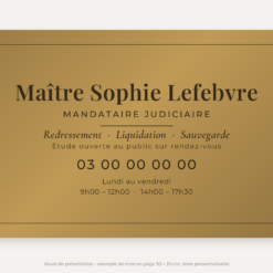 Plaque mandataire judiciaire personnalisée en plexiglas or vieilli 30 × 20 cm, exemple au nom de Maître Sophie Lefebvre
