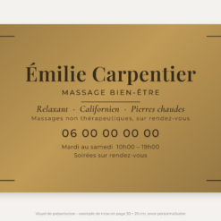 Plaque masseur personnalisée en plexiglas or vieilli 30 × 20 cm, exemple au nom de Émilie Carpentier