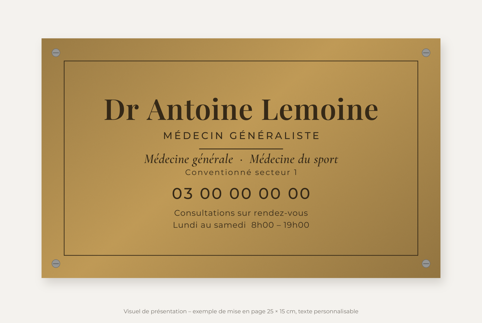 Plaque médecin généraliste or vieilli 25 × 15 cm – visuel de présentation