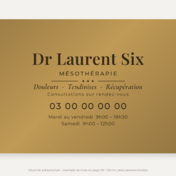 Plaque mésothérapeute personnalisée en plexiglas or vieilli 30 × 20 cm, exemple au nom de Dr Laurent Six