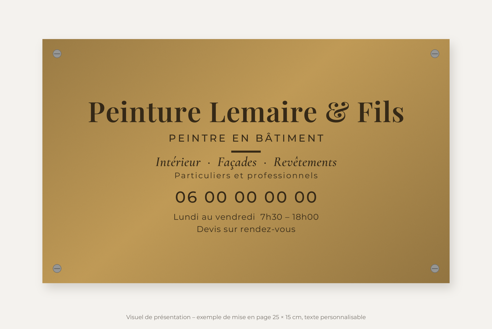 Plaque peintre en bâtiment personnalisée en plexiglas or vieilli 25 × 15 cm, exemple au nom de Peinture Lemaire & Fils
