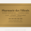 Plaque pharmacien personnalisée en plexiglas or vieilli 30 × 20 cm, exemple au nom de Pharmacie des Tilleuls