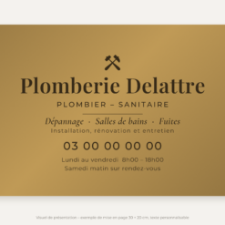 Plaque plombier personnalisée en plexiglas or vieilli 30 × 20 cm, exemple au nom de Plomberie Delattre