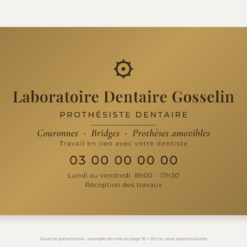 Plaque prothésiste dentaire personnalisée en plexiglas or vieilli 30 × 20 cm, exemple au nom de Laboratoire Dentaire Gosselin