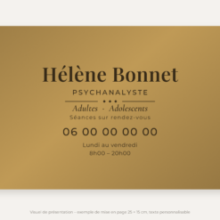 Plaque psychanalyste personnalisée en plexiglas or vieilli 25 × 15 cm, exemple au nom de Hélène Bonnet