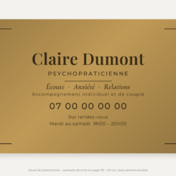Plaque psychopraticien personnalisée en plexiglas or vieilli 30 × 20 cm, exemple au nom de Claire Dumont