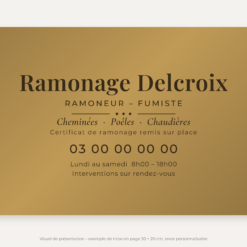 Plaque ramoneur personnalisée en plexiglas or vieilli 30 × 20 cm, exemple au nom de Ramonage Delcroix