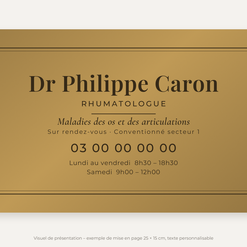 Plaque rhumatologue personnalisée en plexiglas or vieilli 25 × 15 cm, exemple au nom de Dr Philippe Caron