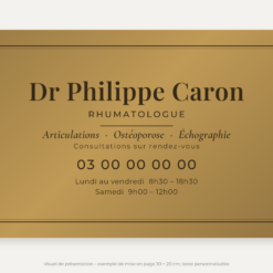 Plaque rhumatologue personnalisée en plexiglas or vieilli 30 × 20 cm, exemple au nom de Dr Philippe Caron