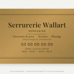 Plaque serrurier personnalisée en plexiglas or vieilli 25 × 15 cm, exemple au nom de Serrurerie Wallart
