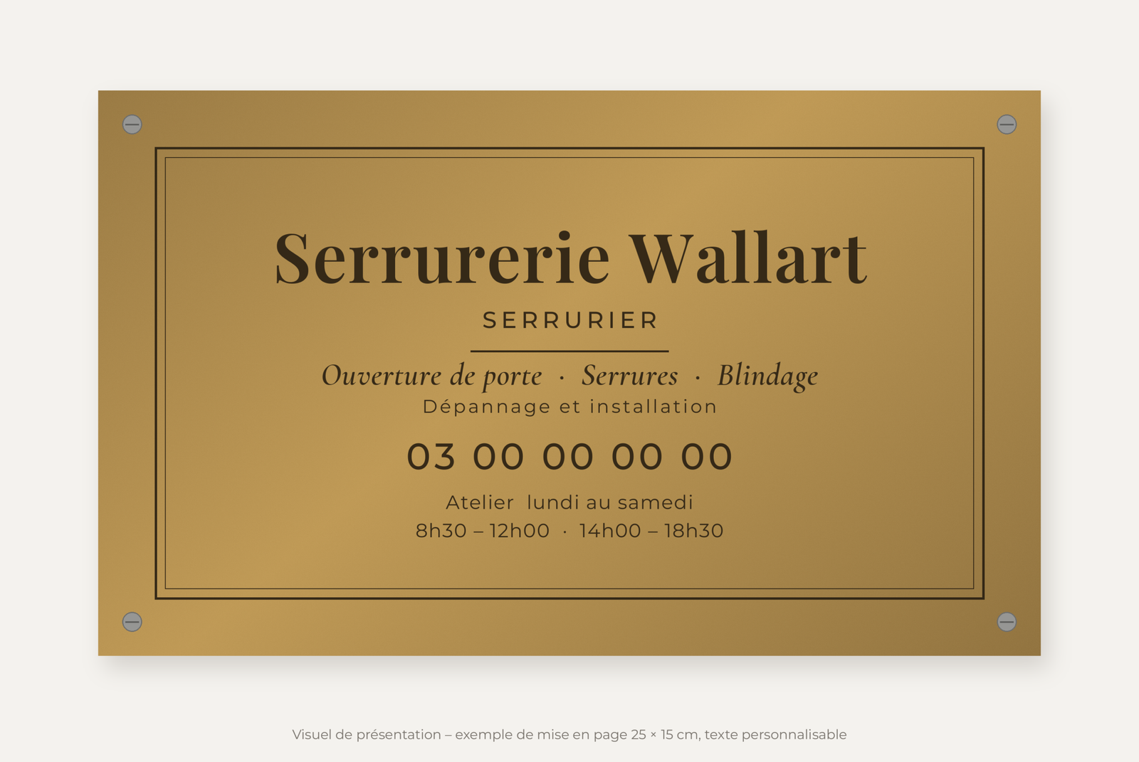 Plaque serrurier personnalisée en plexiglas or vieilli 25 × 15 cm, exemple au nom de Serrurerie Wallart