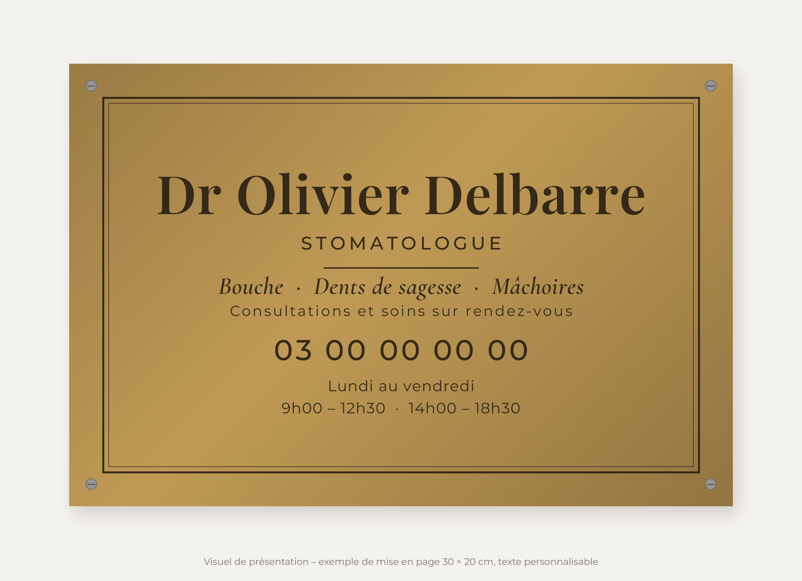 Plaque stomatologue personnalisée en plexiglas or vieilli 30 × 20 cm, exemple au nom de Dr Olivier Delbarre