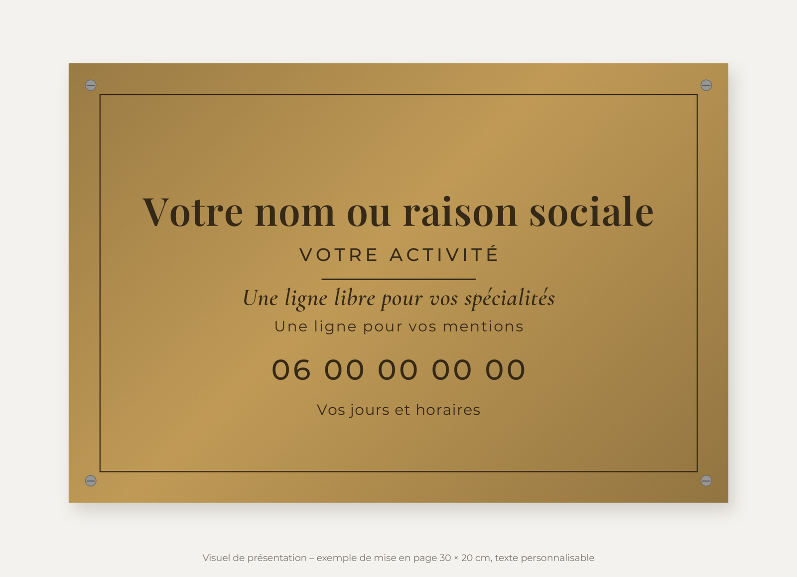 Plaque professionnelle texte libre or vieilli 30 × 20 cm – visuel de présentation