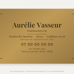 Plaque thérapeute personnalisée en plexiglas or vieilli 25 × 15 cm, exemple au nom de Aurélie Vasseur