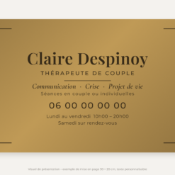 Plaque thérapeute de couple personnalisée en plexiglas or vieilli 30 × 20 cm, exemple au nom de Claire Despinoy