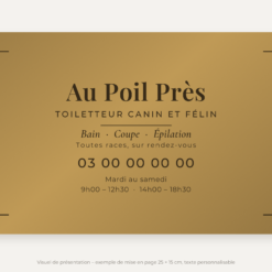 Plaque toiletteur personnalisée en plexiglas or vieilli 25 × 15 cm, exemple au nom de Au Poil Près
