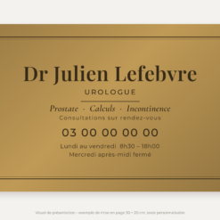 Plaque urologue personnalisée en plexiglas or vieilli 30 × 20 cm, exemple au nom de Dr Julien Lefebvre