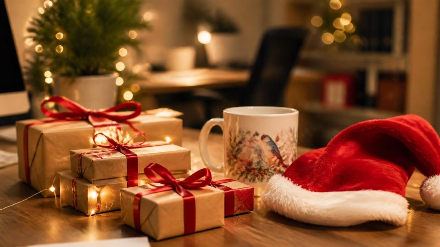 Petits cadeaux emballés en papier kraft avec rubans rouges, un mug illustré et un bonnet de Père Noël sur un bureau décoré pour Noël