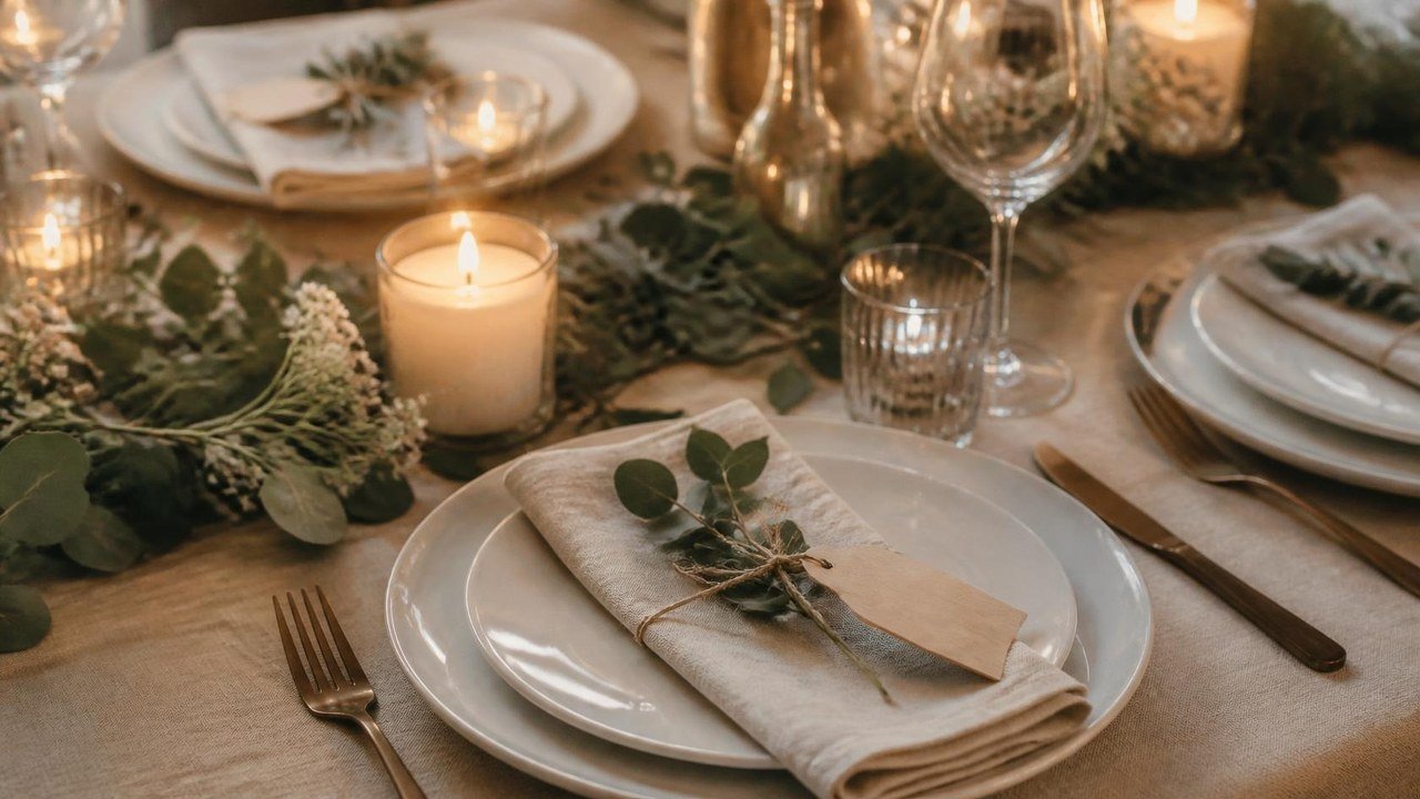 Table de fête dressée avec assiettes blanches, serviettes en lin, eucalyptus, bougies et étiquettes en bois devant chaque couvert