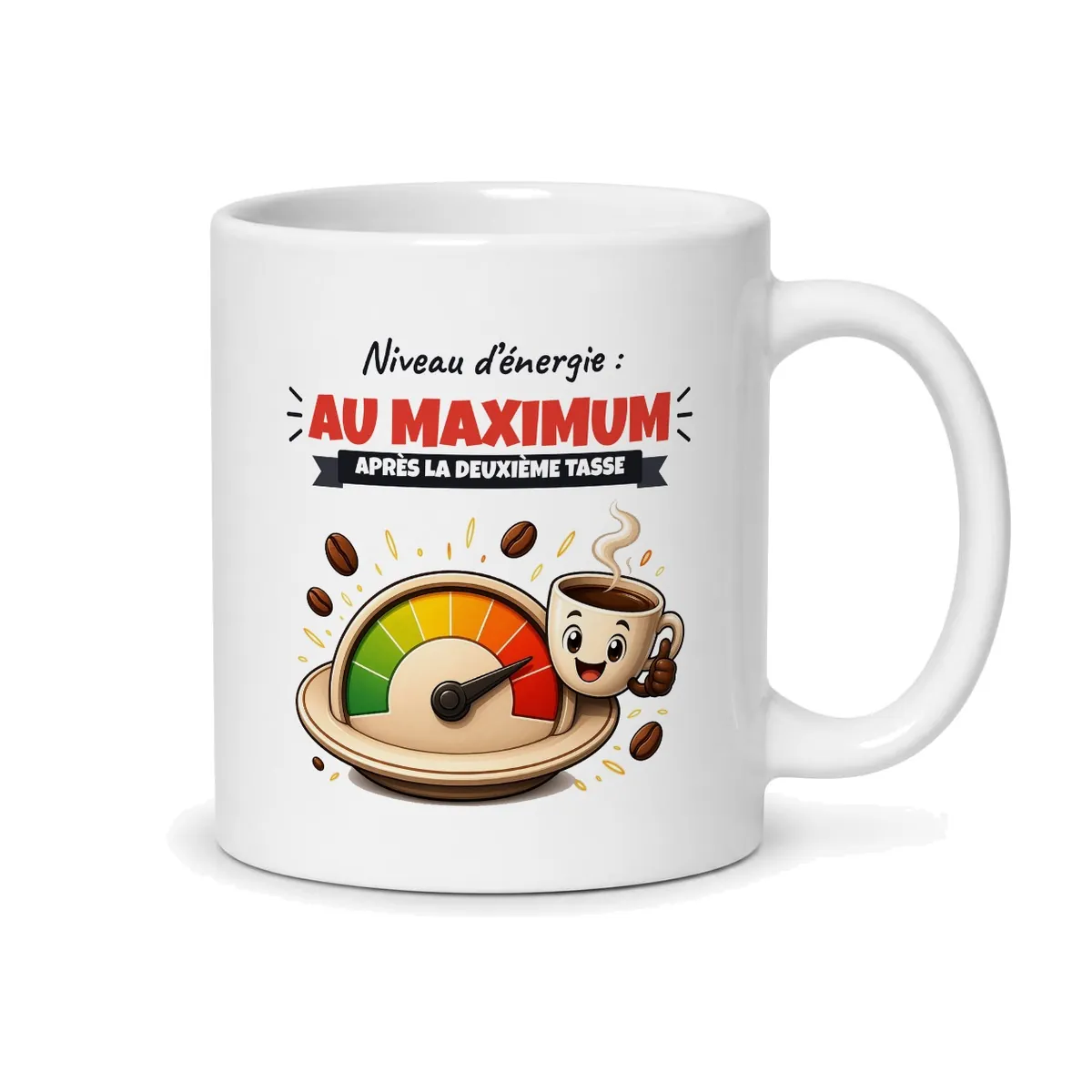 Tasse à café drôle Niveau d’énergie au maximum, vue du dos