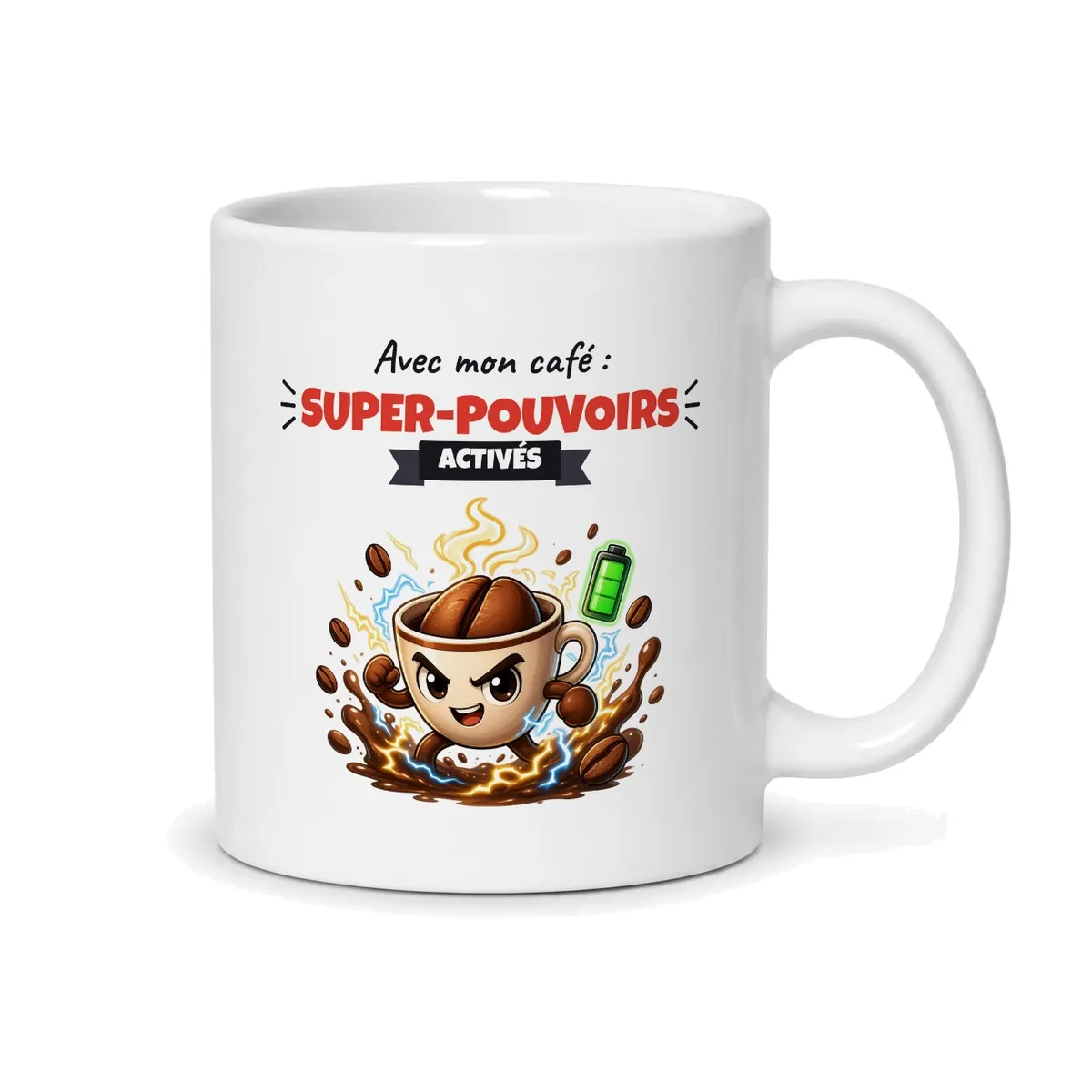 Tasse café humour Avec mon café, super-pouvoirs activés, vue du dos