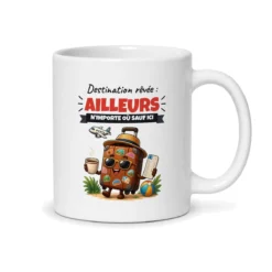 Tasse café humour travail Destination rêvée ailleurs, vue du dos