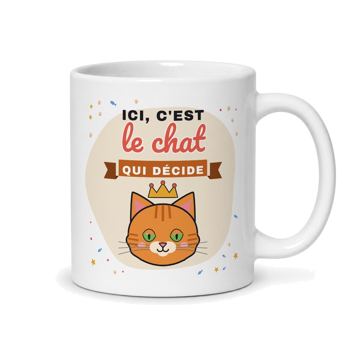 Tasse chat, face arrière : chat roux couronné, « Ici, c’est le chat qui décide »