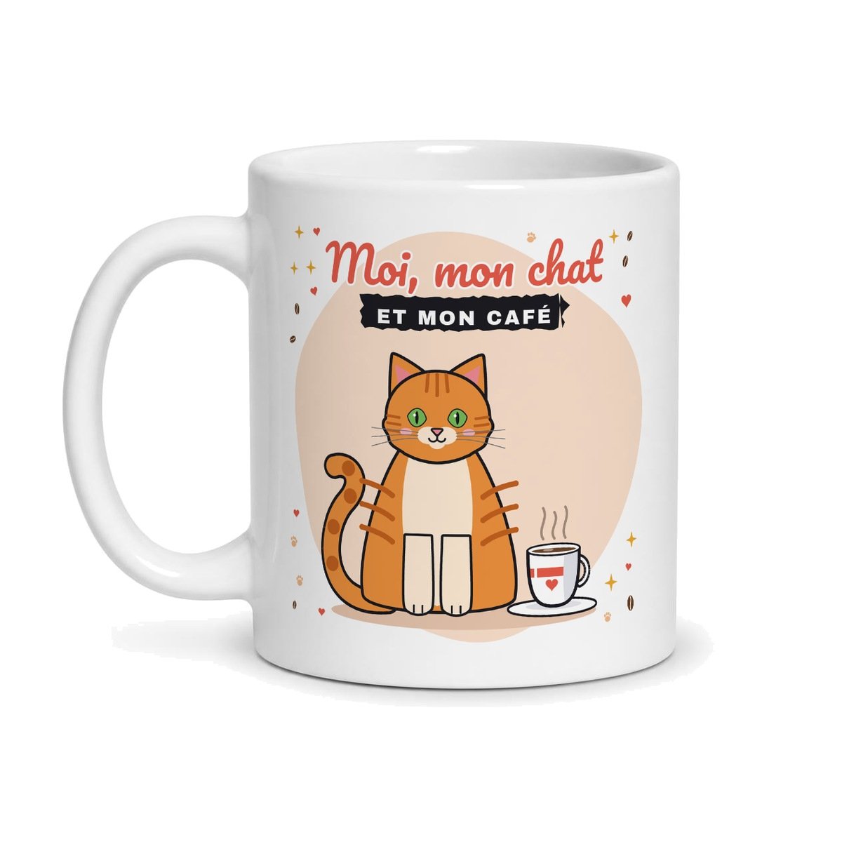 Tasse chat, face avant : chat roux et tasse de café, « Moi, mon chat et mon café »