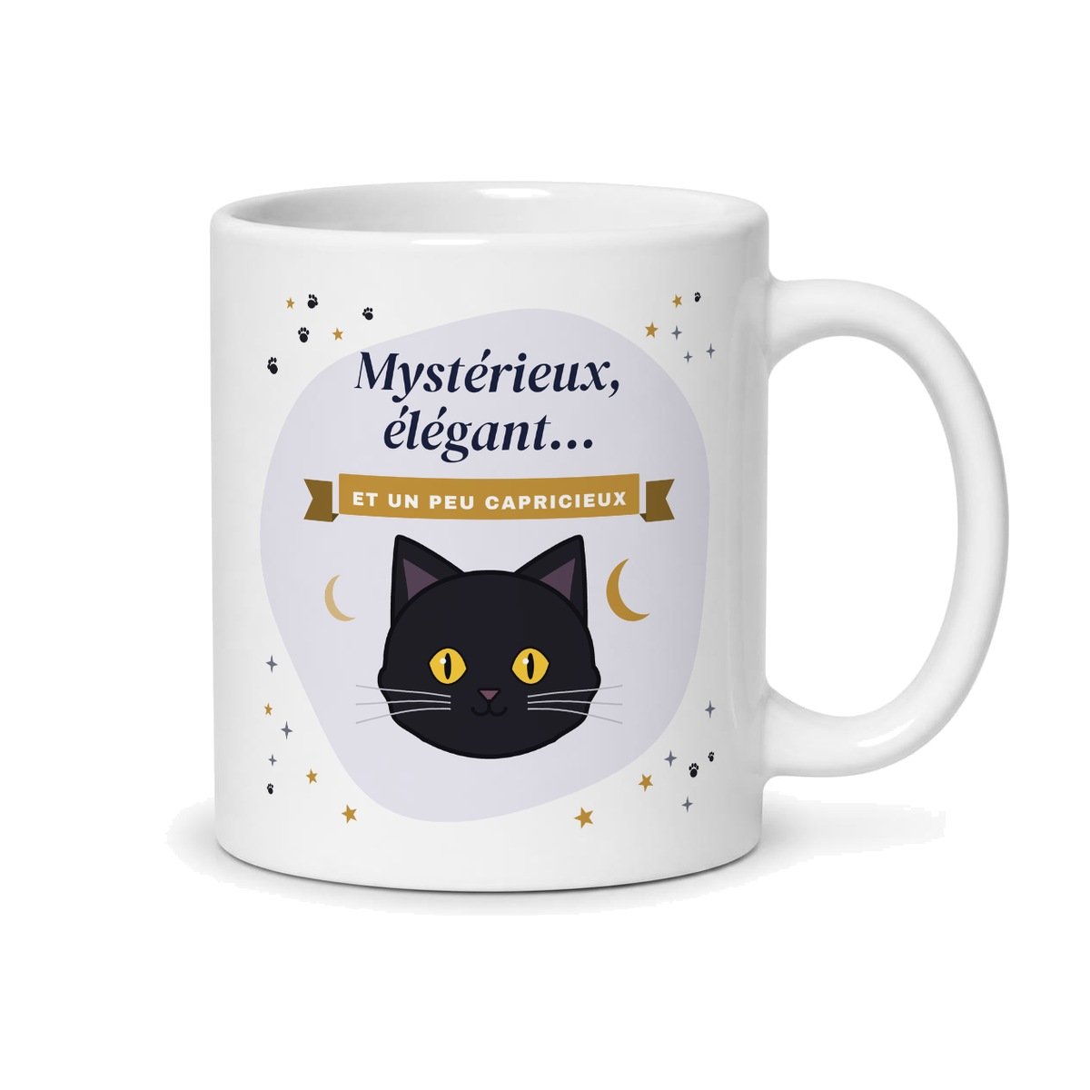 Tasse chat noir, face arrière : tête de chat noir aux yeux jaunes, « Mystérieux, élégant… et un peu capricieux »