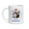 Tasse personnalisée chat, face avant : photo d’un chat tigré dans un cadre polaroid, prénom Pistache et « Mon chat adoré »